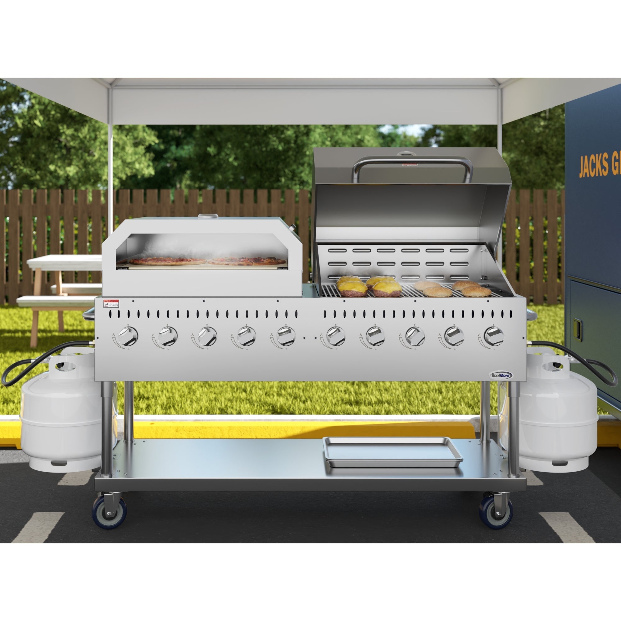 72 in. Commercial Outdoor Propane Gas Grill with 36 in. Roll Dome Cover and 36 in. Pizza Oven in Stainless-Steel, ETL Listed