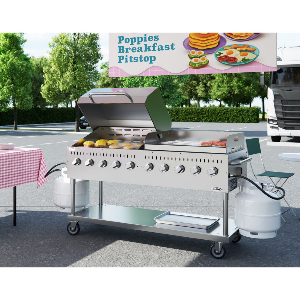 72 in. 10-Burner Commercial Outdoor Propane Gas Grill With 36 in. Roll Dome Cover and 36 in. Griddle in Stainless-Steel, ETL Listed
