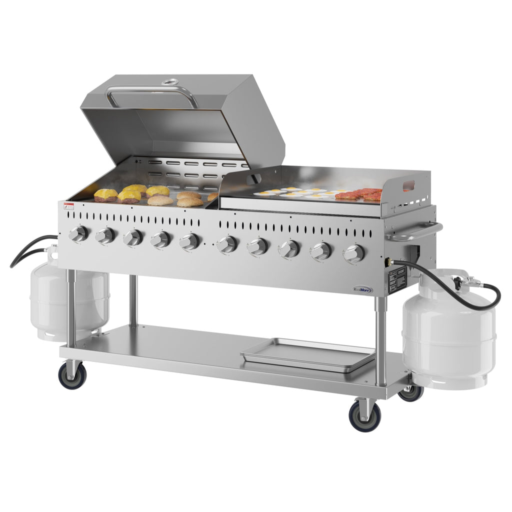 72 in. 10-Burner Commercial Outdoor Propane Gas Grill With 36 in. Roll Dome Cover and 36 in. Griddle in Stainless-Steel, ETL Listed