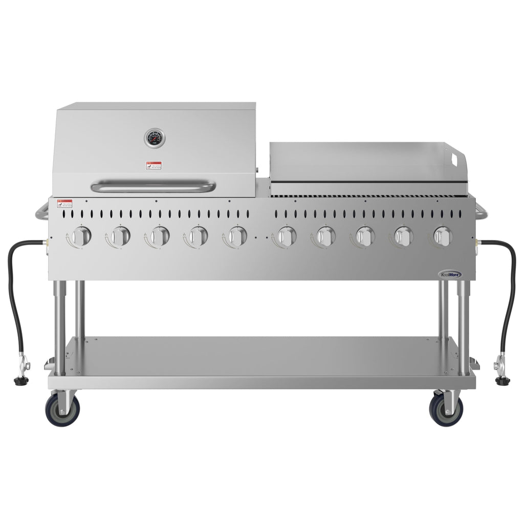 72 in. 10-Burner Commercial Outdoor Propane Gas Grill With 36 in. Roll Dome Cover and 36 in. Griddle in Stainless-Steel, ETL Listed