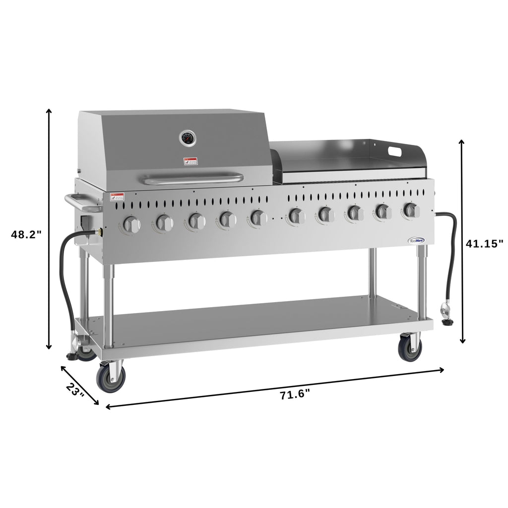 72 in. 10-Burner Commercial Outdoor Propane Gas Grill With 36 in. Roll Dome Cover and 36 in. Griddle in Stainless-Steel, ETL Listed