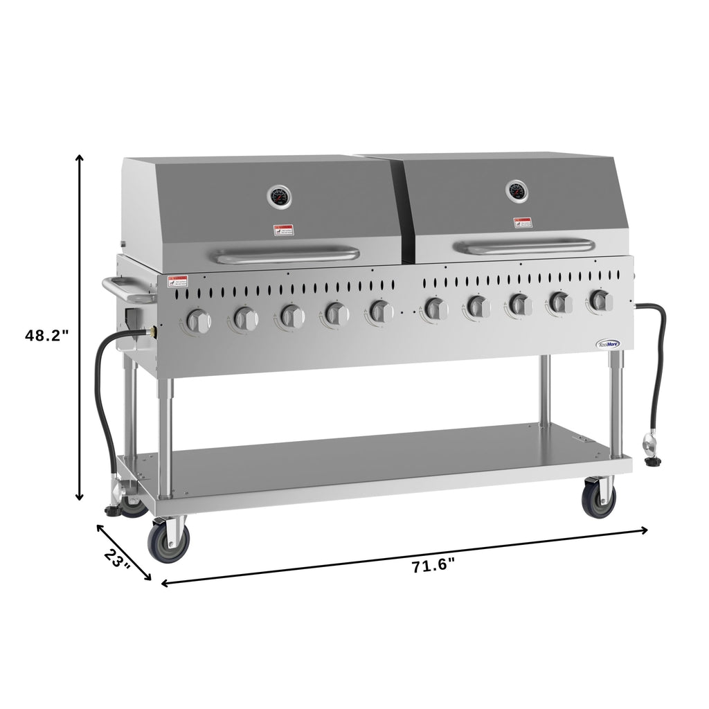 72 in. 10-Burner Commercial Outdoor Propane Gas Grill with Two 36 in. Roll Dome Covers in Stainless-Steel, ETL Listed