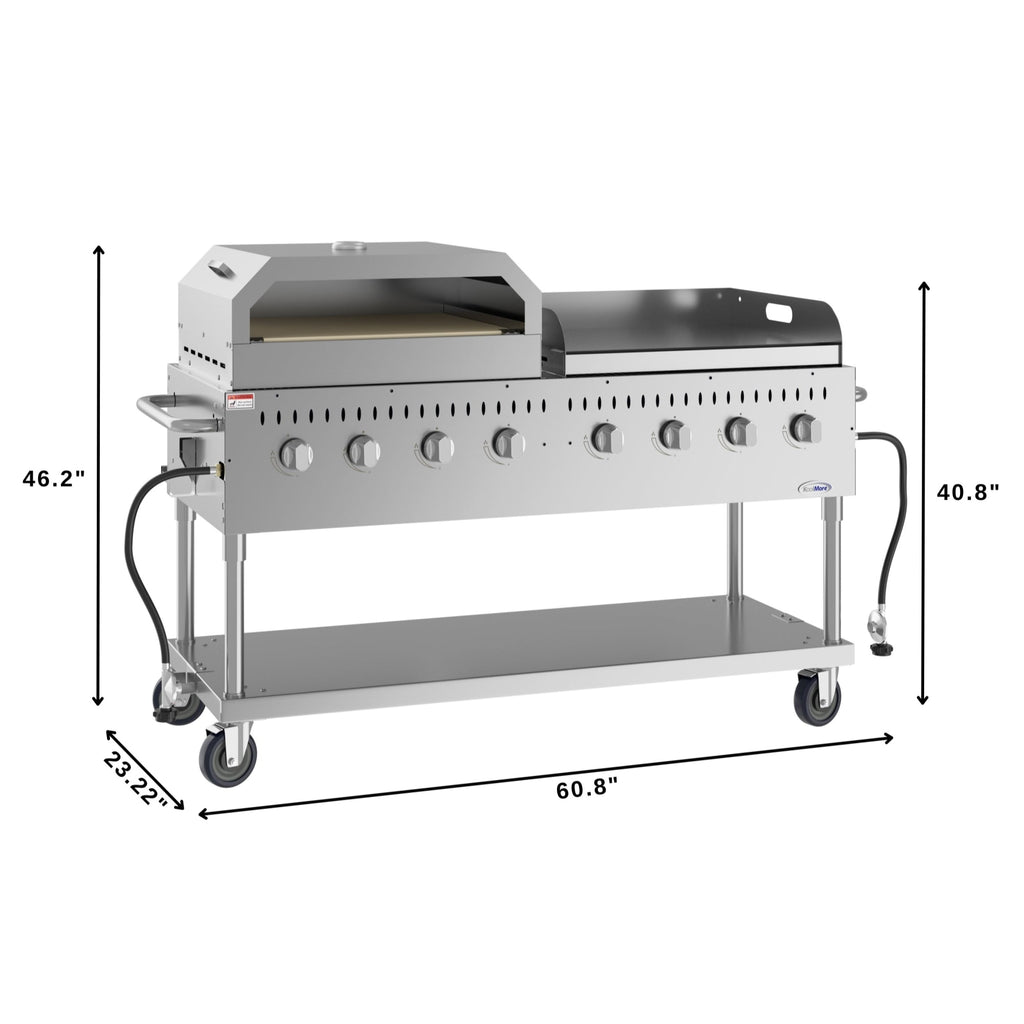 60 in. 8-Burner Commercial Outdoor Propane Gas Grill with 30 in. Griddle and 30 in. Pizza Oven in Stainless-Steel, ETL Listed