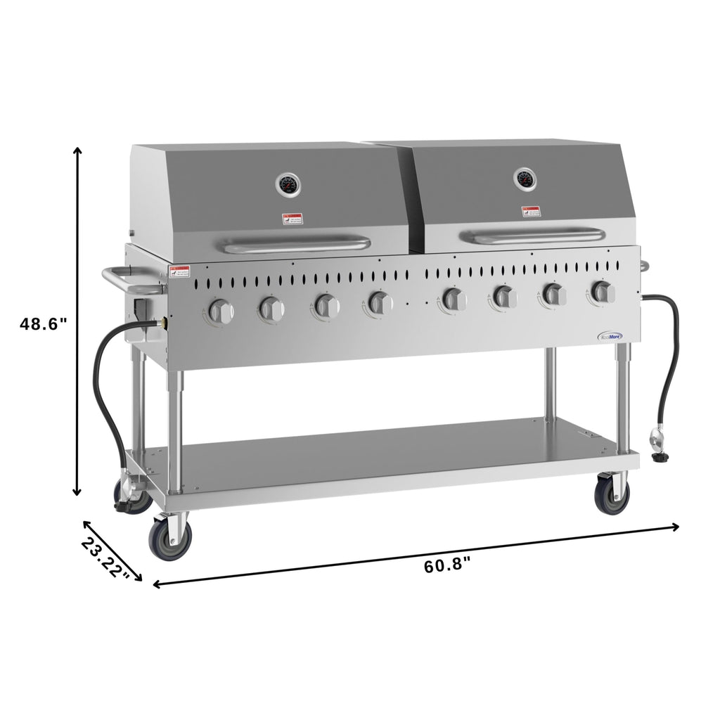 60 in. 8-Burner Commercial Outdoor Propane Gas Grill with 2 Roll Dome Covers in Stainless-Steel, ETL Listed