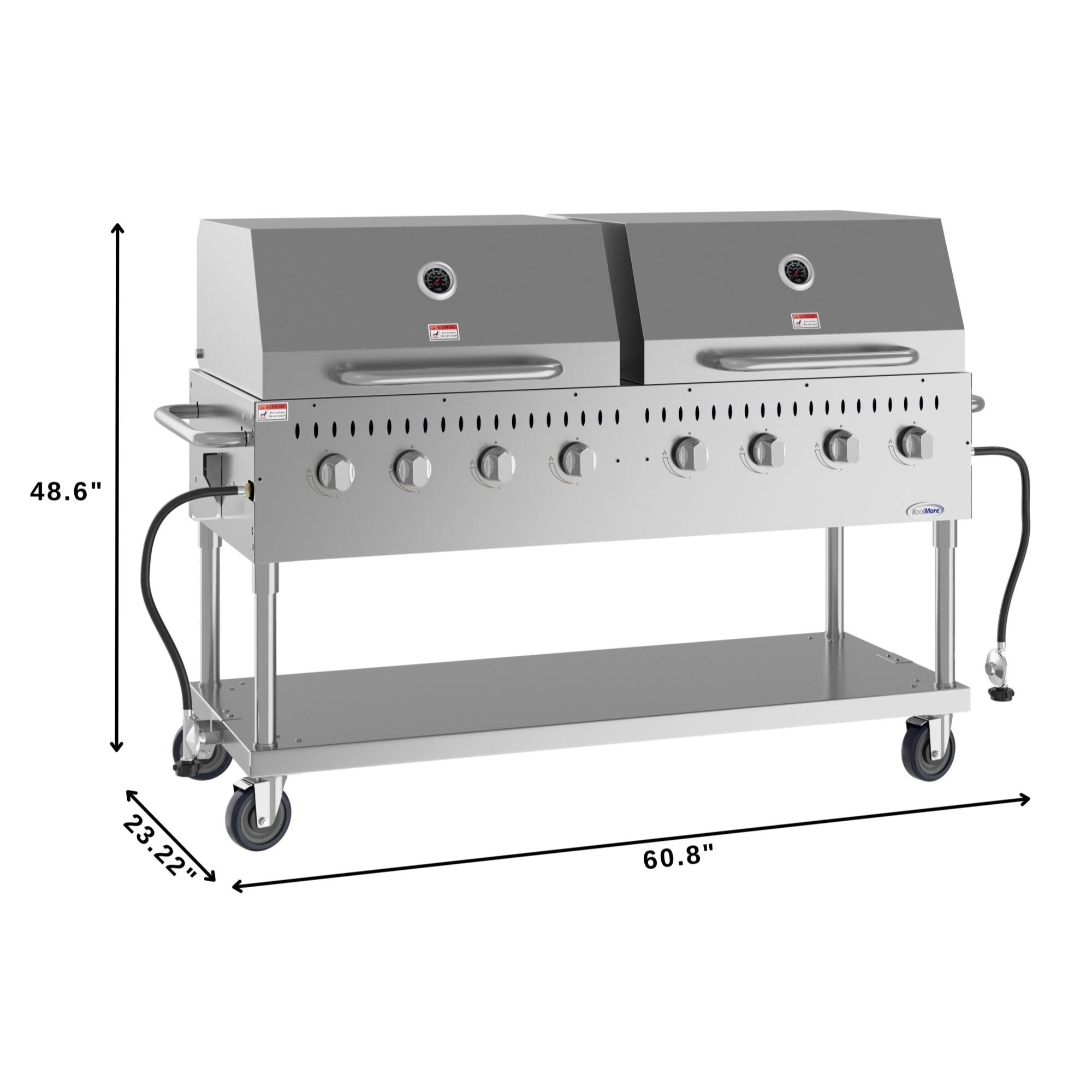 60 in. 8-Burner Commercial Outdoor Propane Gas Grill with 2 Roll Dome Covers in Stainless-Steel, ETL Listed