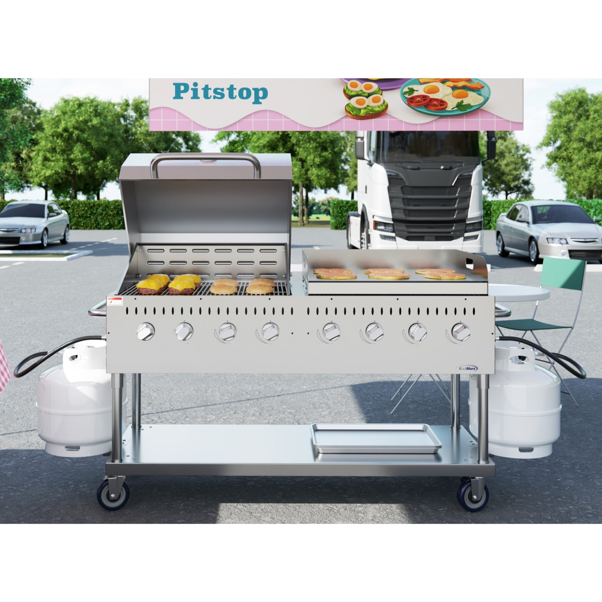 60 in. 8-Burner Commercial Outdoor Propane Gas Grill with 30 in. Roll Dome Cover and 30 in. Griddle in Stainless-Steel, ETL Listed