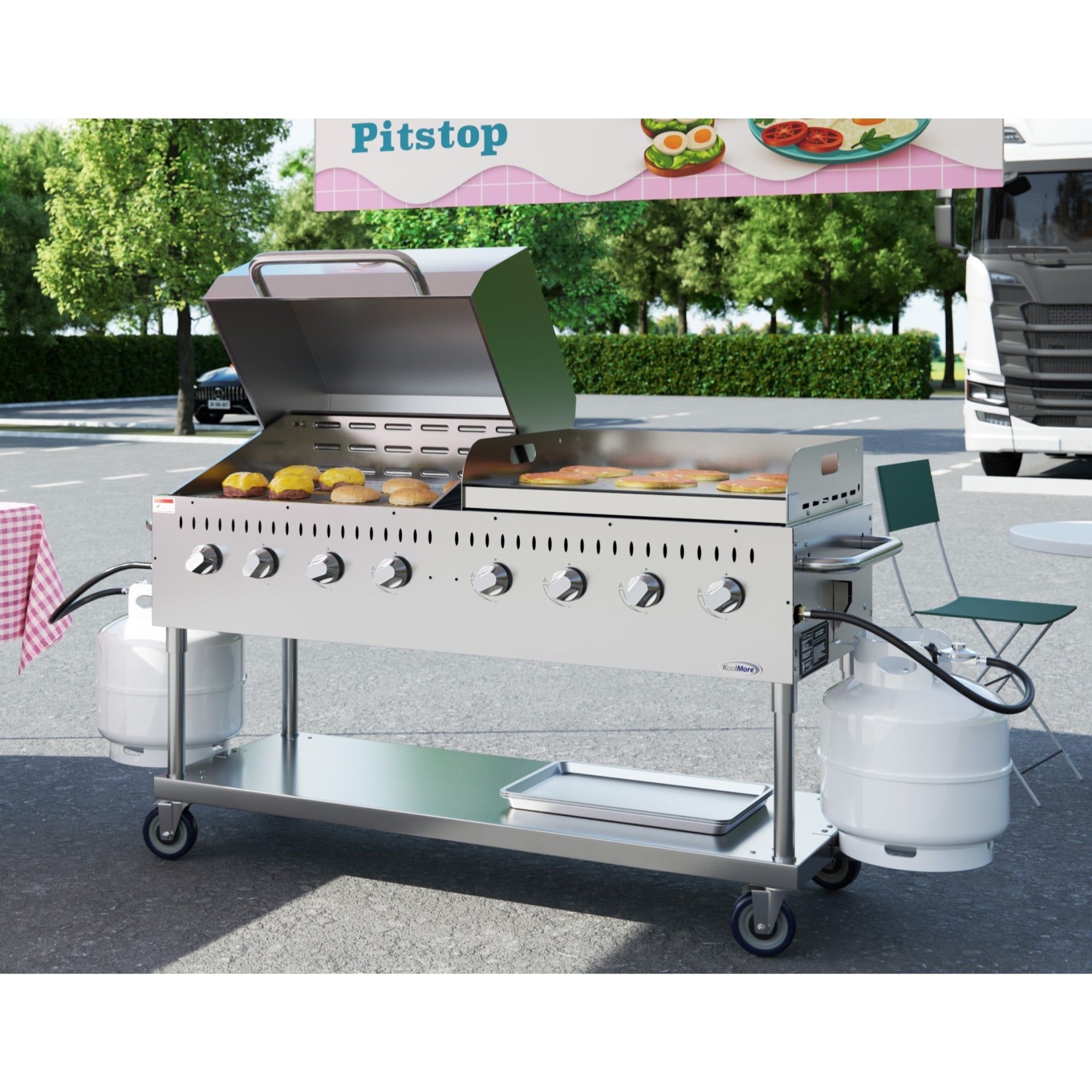 60 in. 8-Burner Commercial Outdoor Propane Gas Grill with 30 in. Roll Dome Cover and 30 in. Griddle in Stainless-Steel, ETL Listed