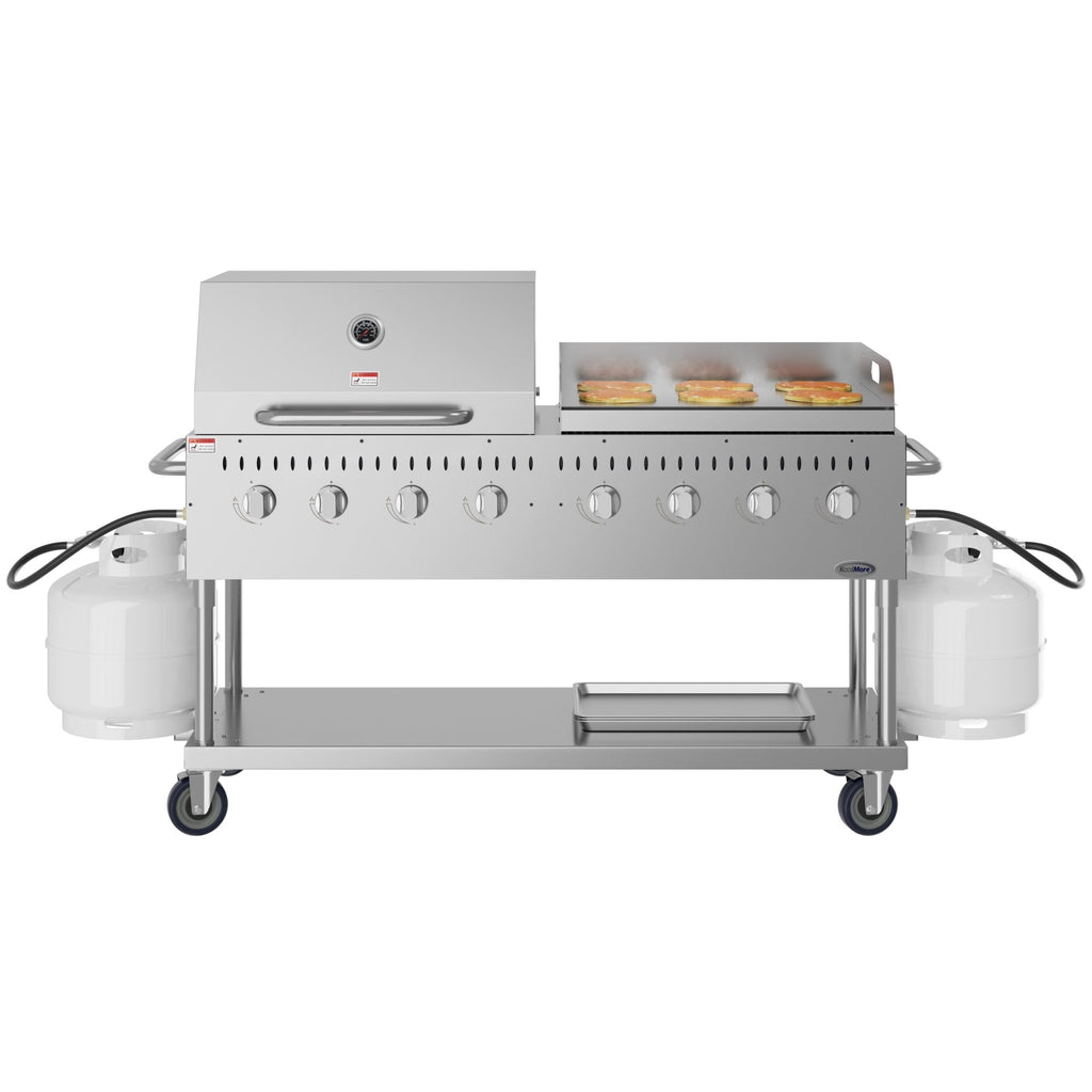 60 in. 8-Burner Commercial Outdoor Propane Gas Grill with 30 in. Roll Dome Cover and 30 in. Griddle in Stainless-Steel, ETL Listed