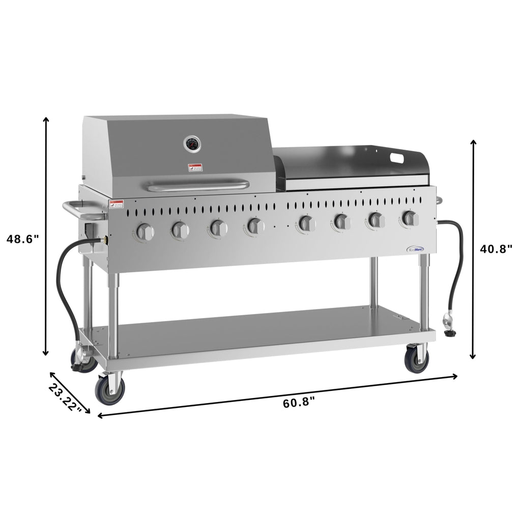 60 in. 8-Burner Commercial Outdoor Propane Gas Grill with 30 in. Roll Dome Cover and 30 in. Griddle in Stainless-Steel, ETL Listed