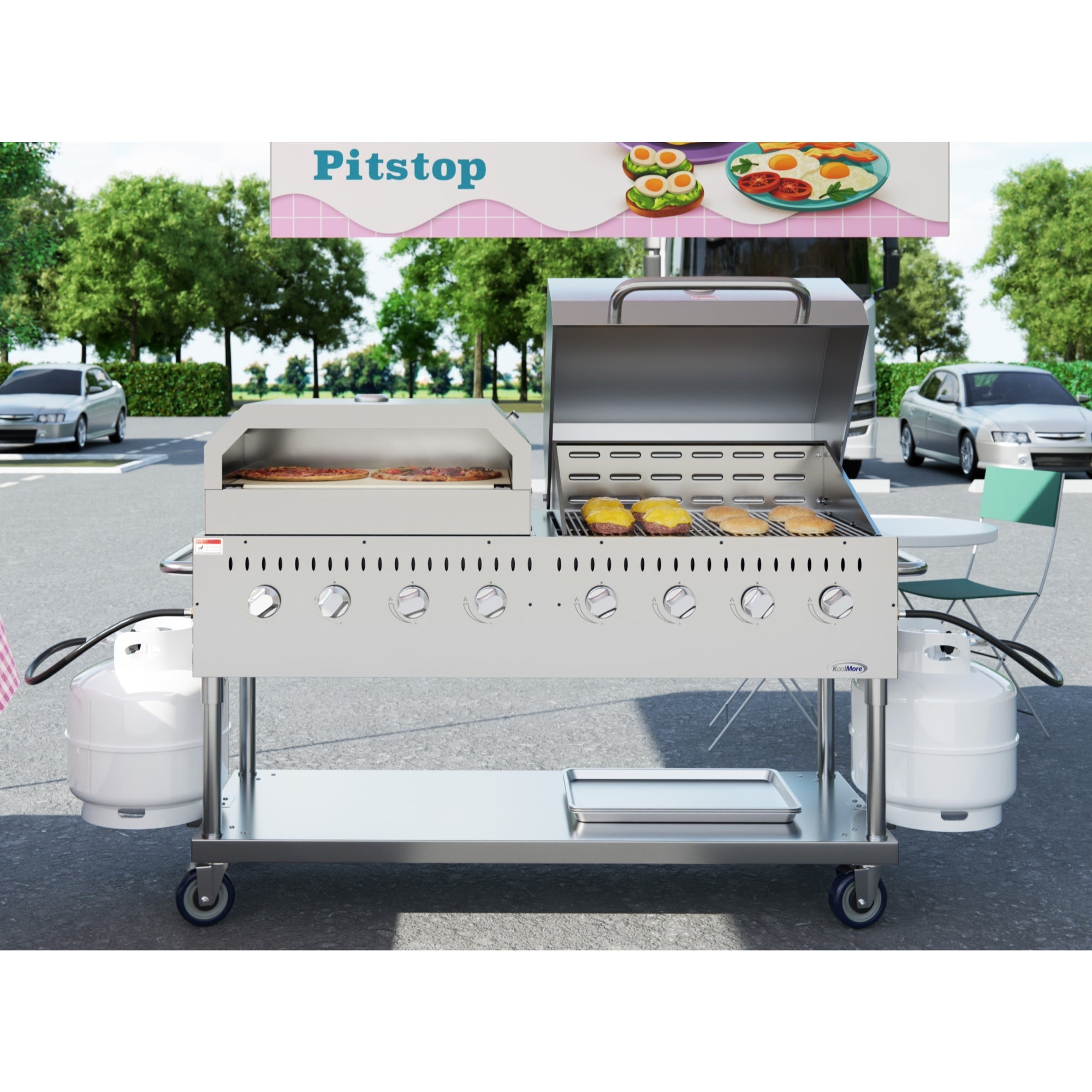 60 in. 8-Burner Commercial Outdoor Propane Gas Grill With 30 in. Roll Dome Cover and 30 in. Pizza Oven in Stainless-Steel, ETL Listed