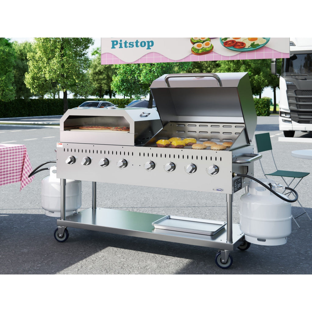 60 in. 8-Burner Commercial Outdoor Propane Gas Grill With 30 in. Roll Dome Cover and 30 in. Pizza Oven in Stainless-Steel, ETL Listed
