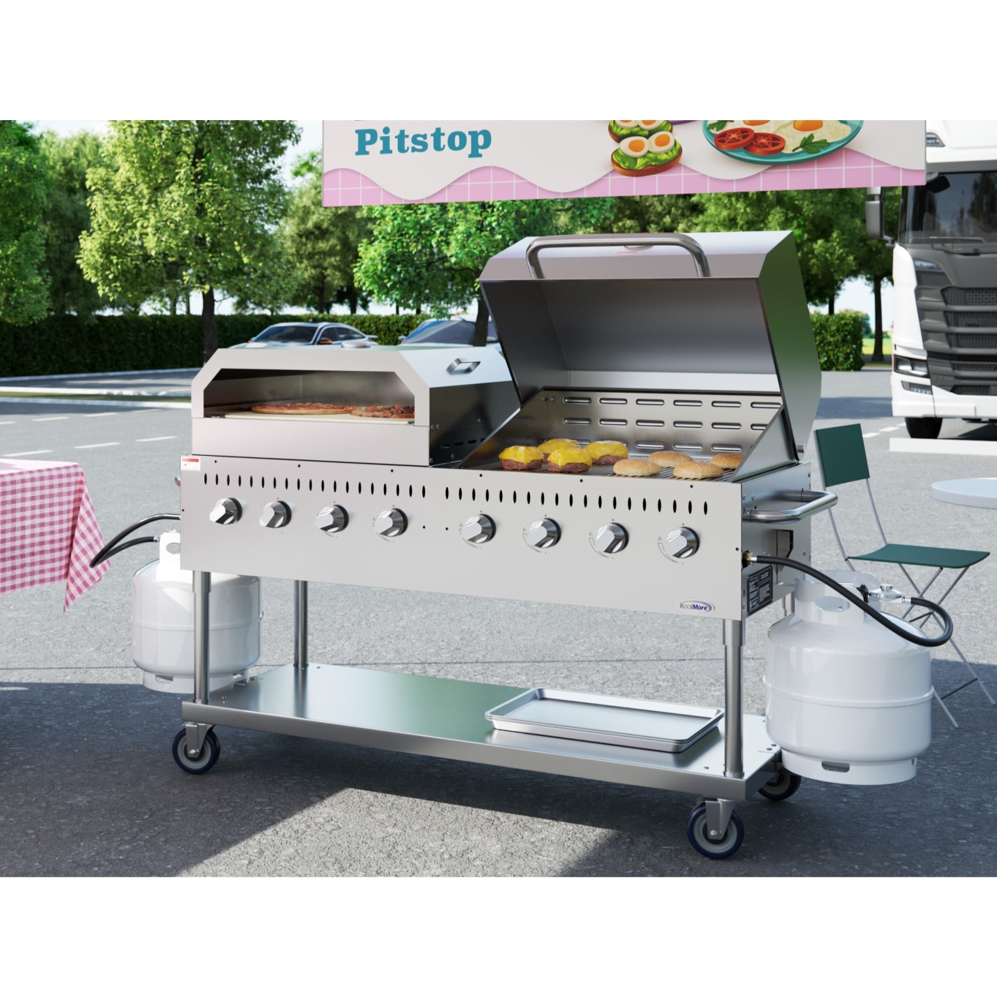 60 in. 8-Burner Commercial Outdoor Propane Gas Grill With 30 in. Roll Dome Cover and 30 in. Pizza Oven in Stainless-Steel, ETL Listed