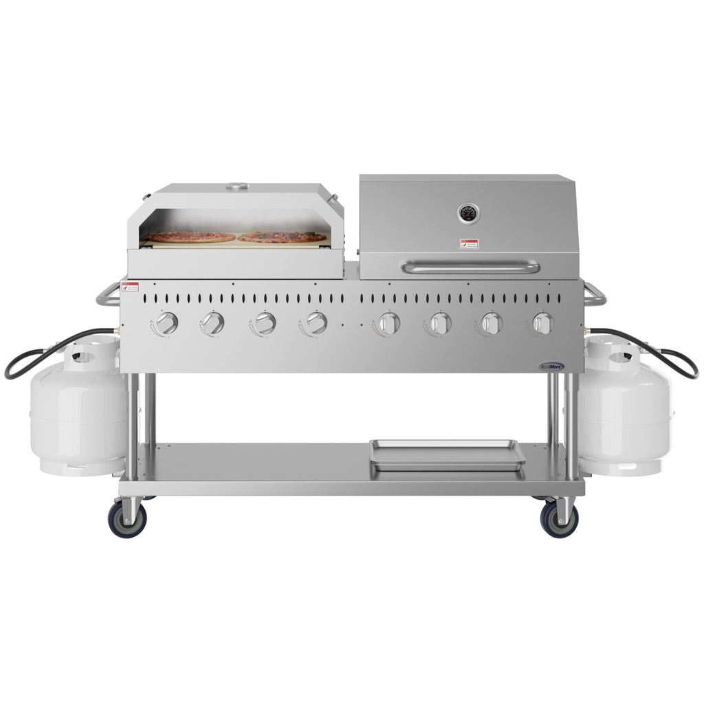 60 in. 8-Burner Commercial Outdoor Propane Gas Grill With 30 in. Roll Dome Cover and 30 in. Pizza Oven in Stainless-Steel, ETL Listed