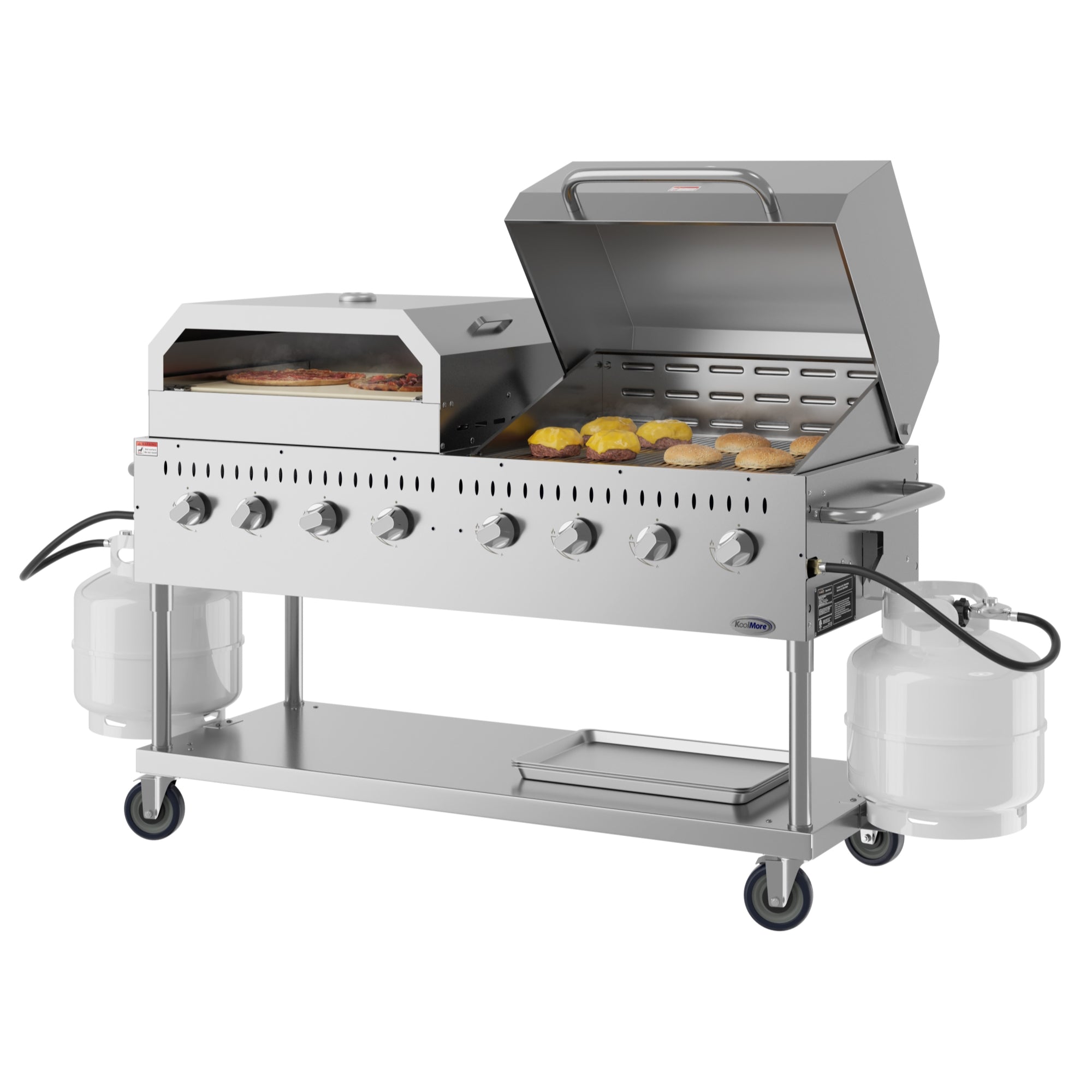 60 in. 8-Burner Commercial Outdoor Propane Gas Grill With 30 in. Roll Dome Cover and 30 in. Pizza Oven in Stainless-Steel, ETL Listed