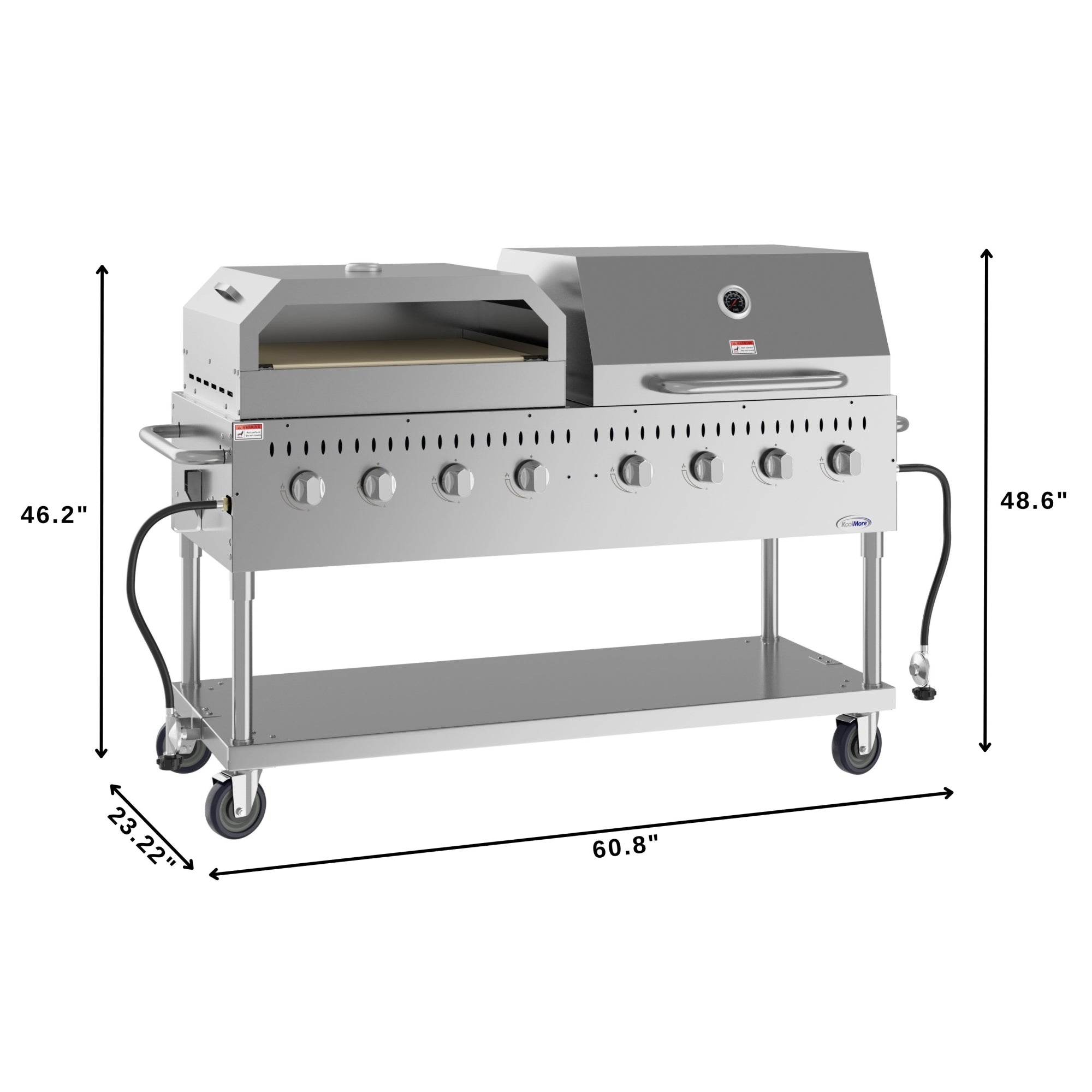 60 in. 8-Burner Commercial Outdoor Propane Gas Grill With 30 in. Roll Dome Cover and 30 in. Pizza Oven in Stainless-Steel, ETL Listed