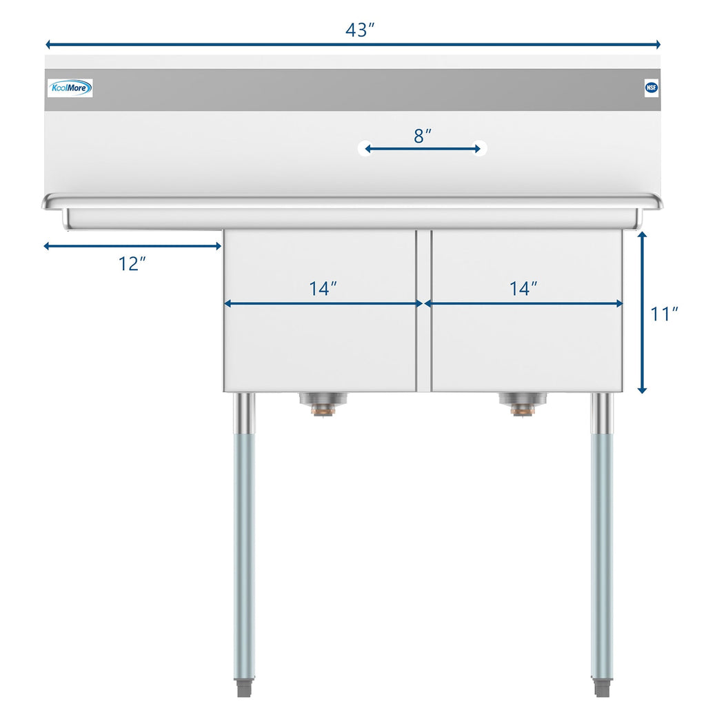 43 in. Two Compartment Stainless Steel Commercial Sink with Drainboard, Bowl Size 14"x 16"x 11"