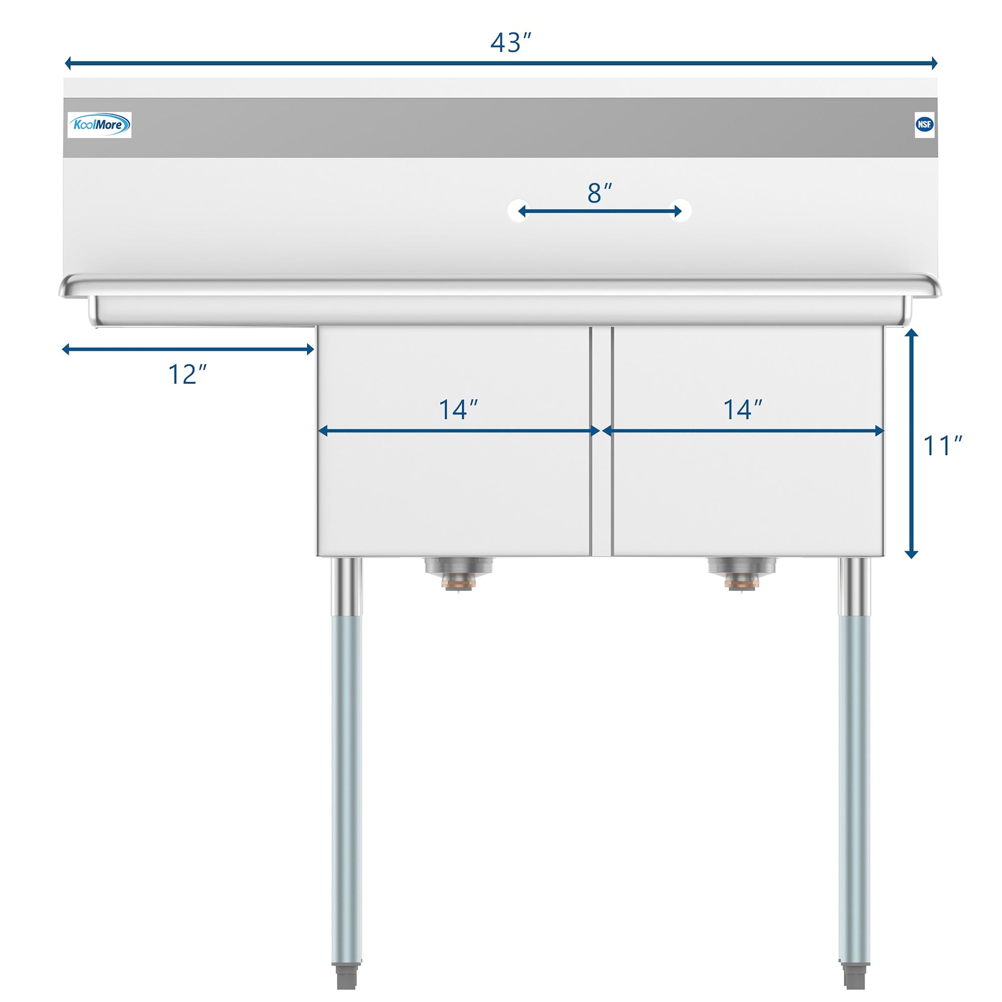 43 in. Two Compartment Stainless Steel Commercial Sink with Drainboard, Bowl Size 14"x 16"x 11"