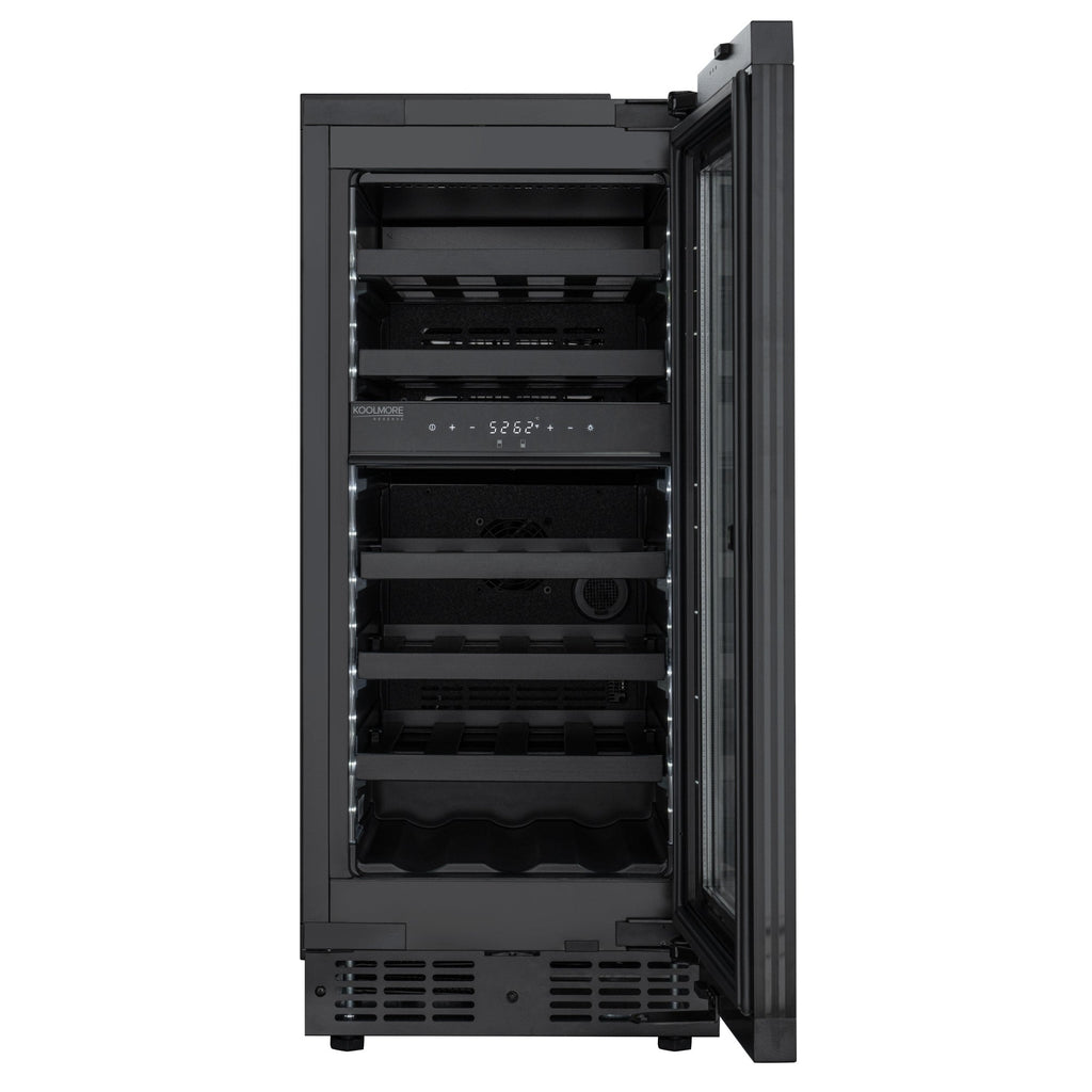 KoolMore Reserve 15 in. Under-Counter Panel Ready Dual Zone Built-in Wine Cooler with Black Shelves and 23 Bottle Capacity in Black