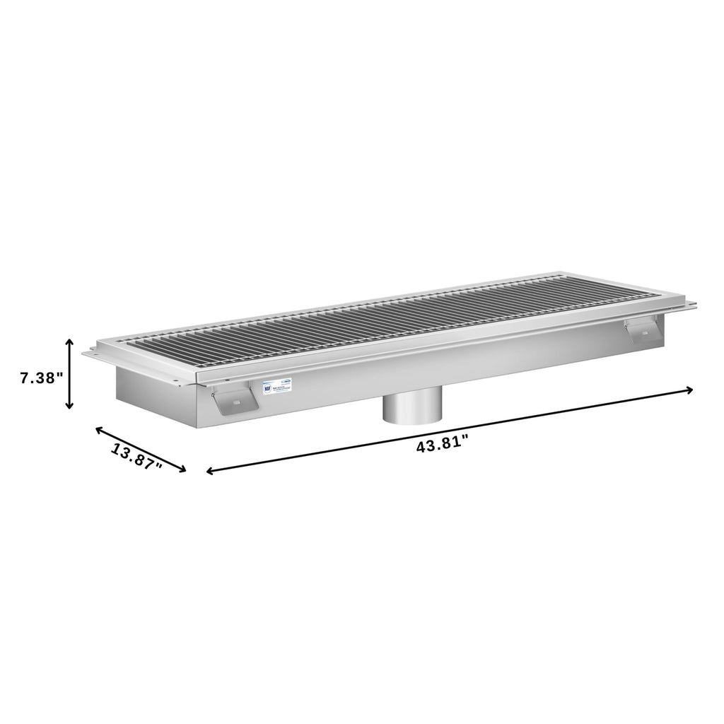 12" x 42" Stainless Steel Floor Trough Drain, 14-Gauge with Subway-Style Grating & Removable Drain Basket, NSF Listed
