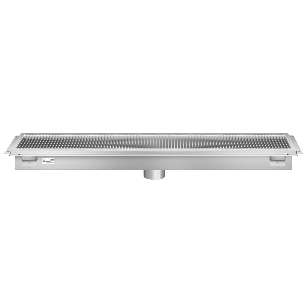 12" x 48" Stainless Steel Floor Trough Drain, 14-Gauge with Subway-Style Grating & Removable Drain Basket, NSF Listed