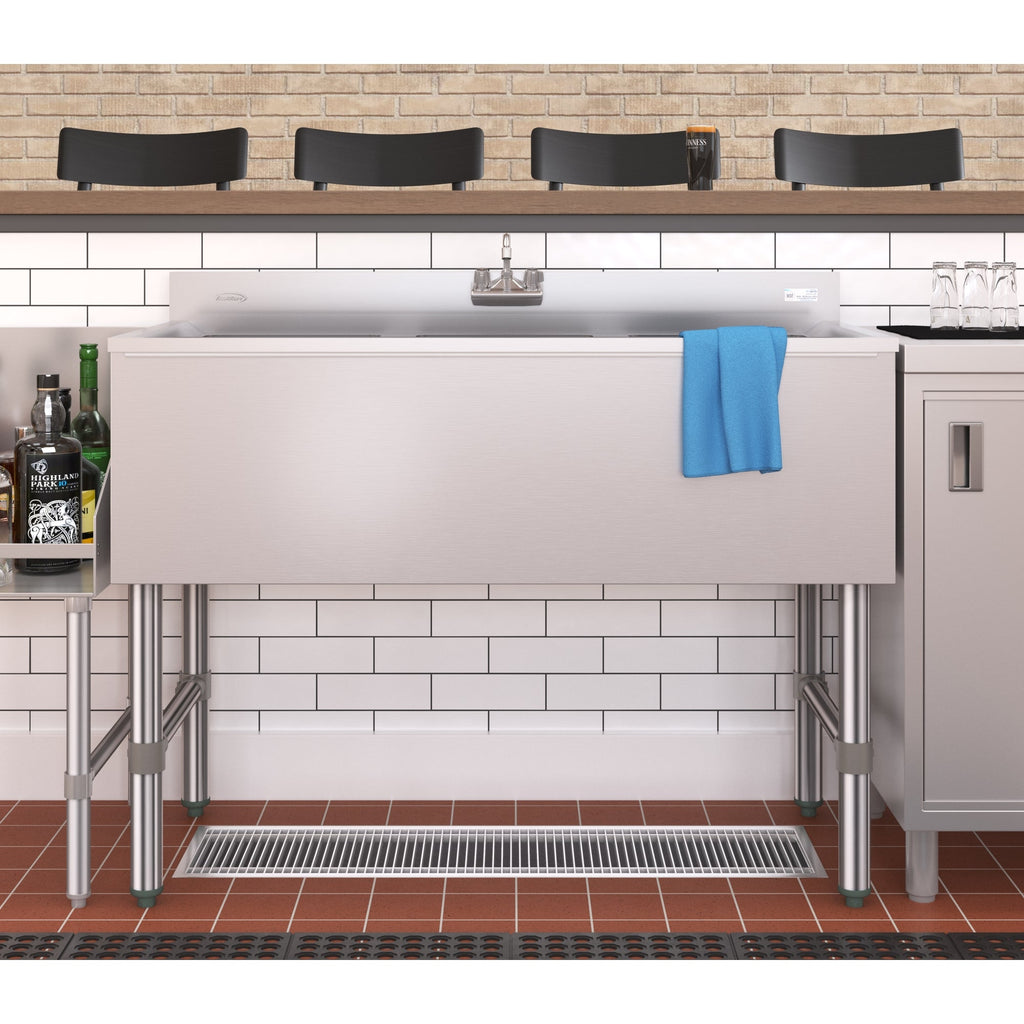 12" x 48" Stainless Steel Floor Trough Drain, 14-Gauge with Subway-Style Grating & Removable Drain Basket, NSF Listed