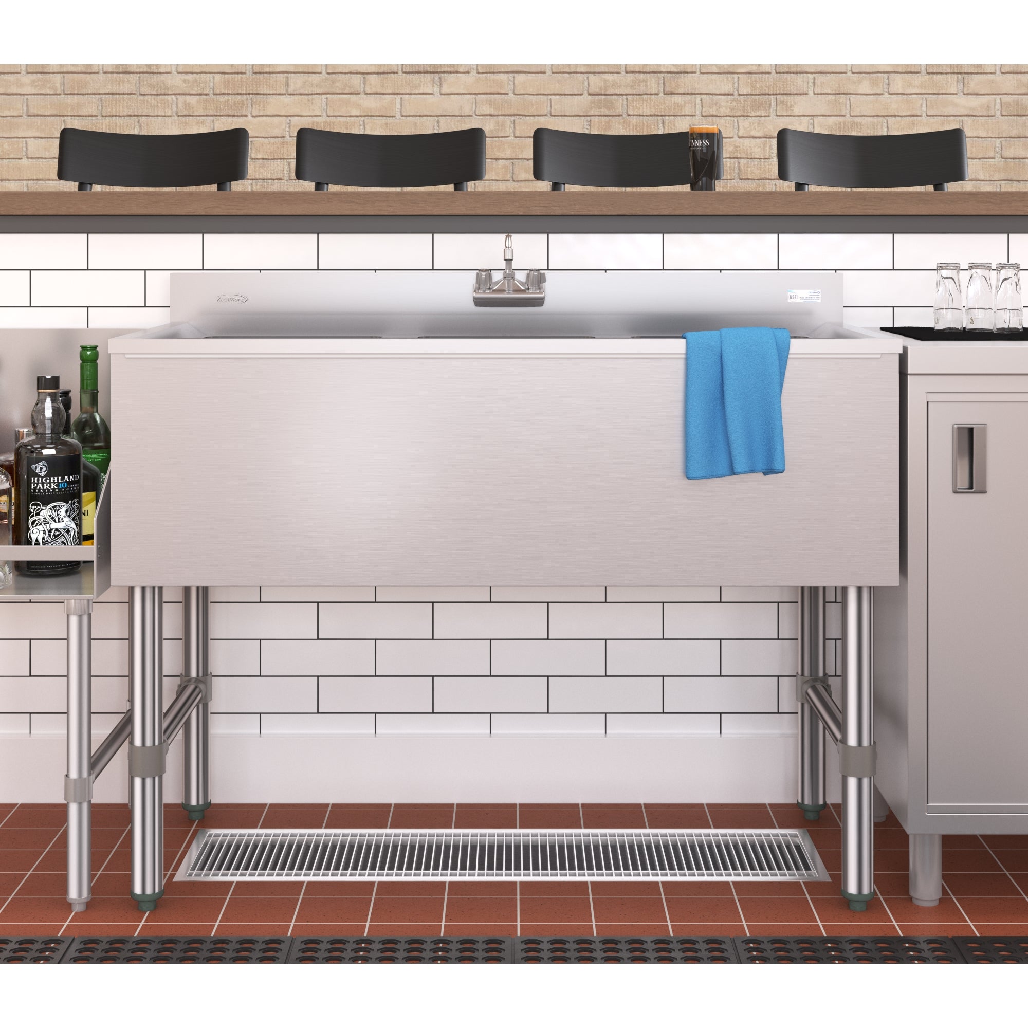 12" x 48" Stainless Steel Floor Trough Drain, 14-Gauge with Subway-Style Grating & Removable Drain Basket, NSF Listed