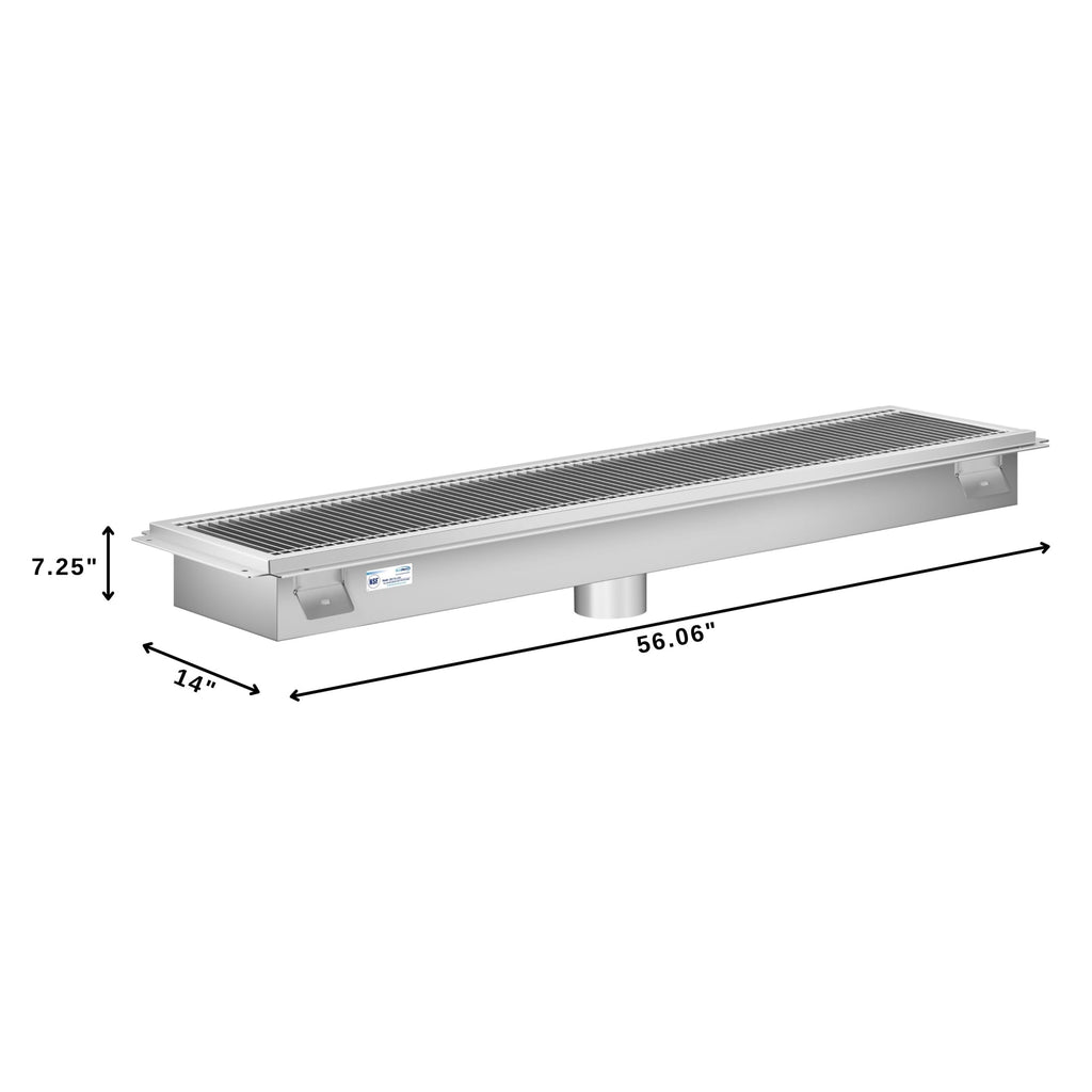 12" x 54" Stainless Steel Floor Trough Drain, 14-Gauge with Subway-Style Grating & Removable Drain Basket, NSF Listed