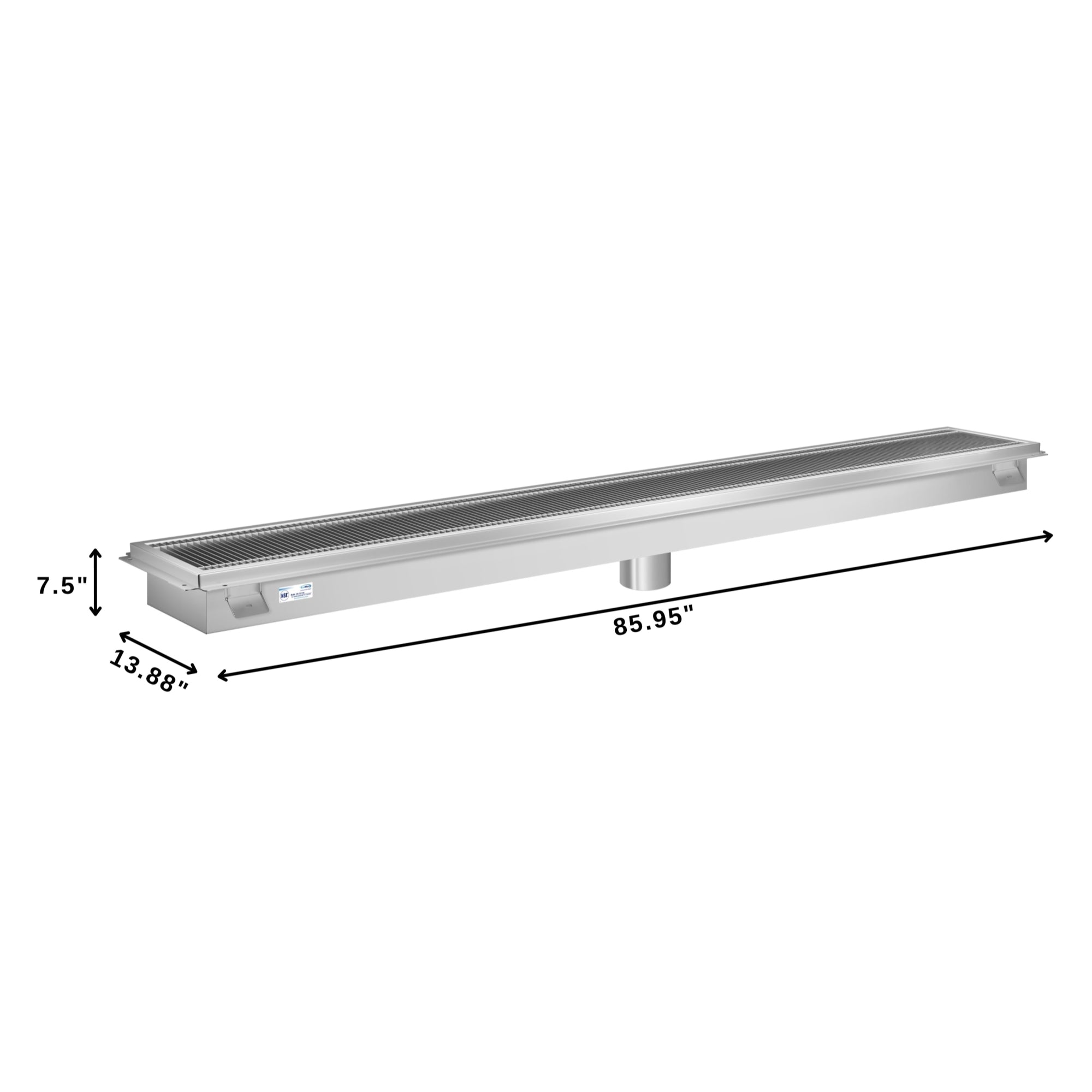 12" x 84" Stainless Steel Floor Trough Drain, 14-Gauge with Subway-Style Grating & Removable Drain Basket, NSF Listed