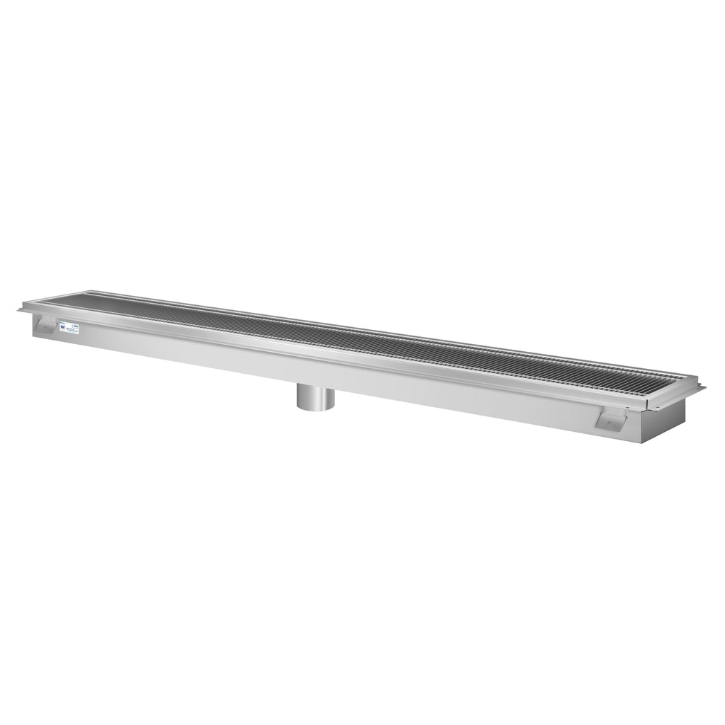 12" x 84" Stainless Steel Floor Trough Drain, 14-Gauge with Subway-Style Grating & Removable Drain Basket, NSF Listed