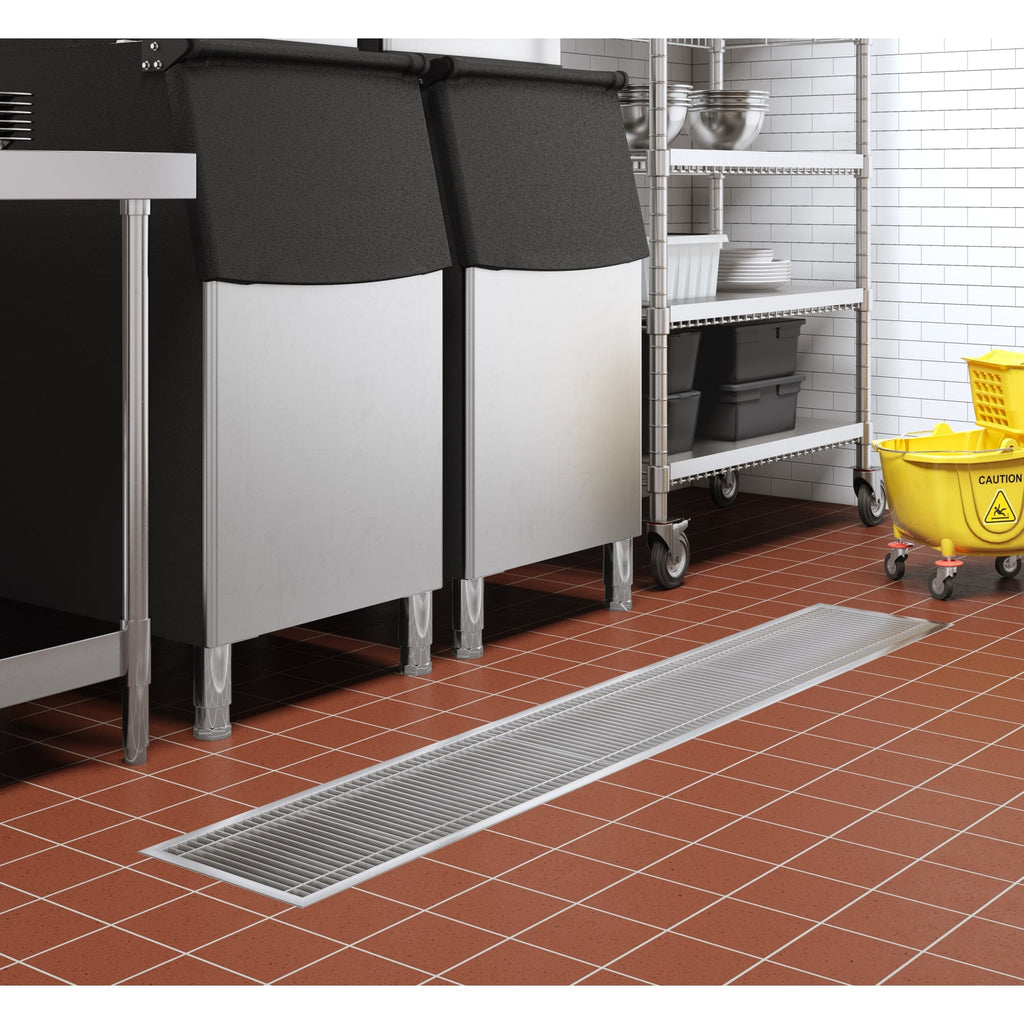 12" x 84" Stainless Steel Floor Trough Drain, 14-Gauge with Subway-Style Grating & Removable Drain Basket, NSF Listed