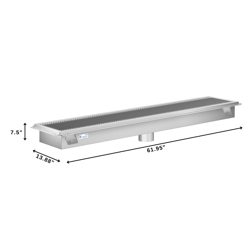 12" x 60" Stainless Steel Floor Trough Drain, 14-Gauge with Subway-Style Grating & Removable Drain Basket, NSF Listed