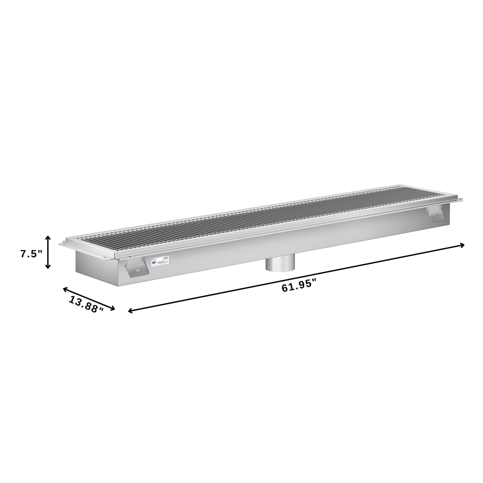 12" x 60" Stainless Steel Floor Trough Drain, 14-Gauge with Subway-Style Grating & Removable Drain Basket, NSF Listed