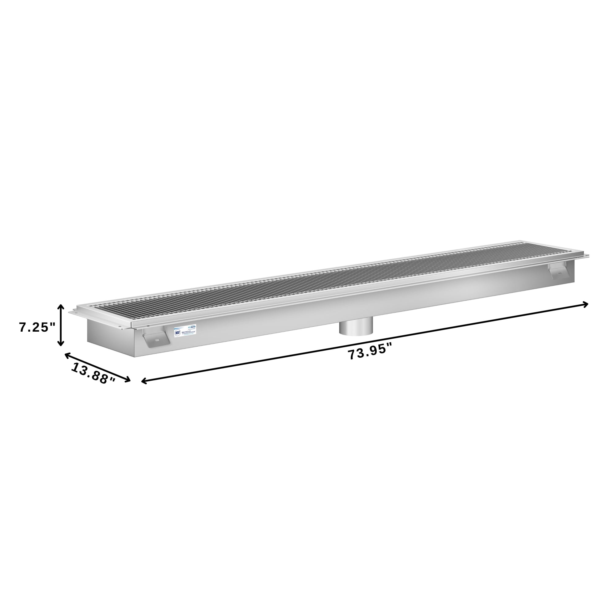 12" x 72" Stainless Steel Floor Trough Drain, 14-Gauge with Subway-Style Grating & Removable Drain Basket, NSF Listed