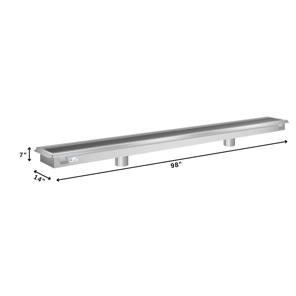 12" x 96" Stainless Steel Floor Trough Drain, 14-Gauge with Subway-Style Grating & Removable Drain Basket, NSF Listed