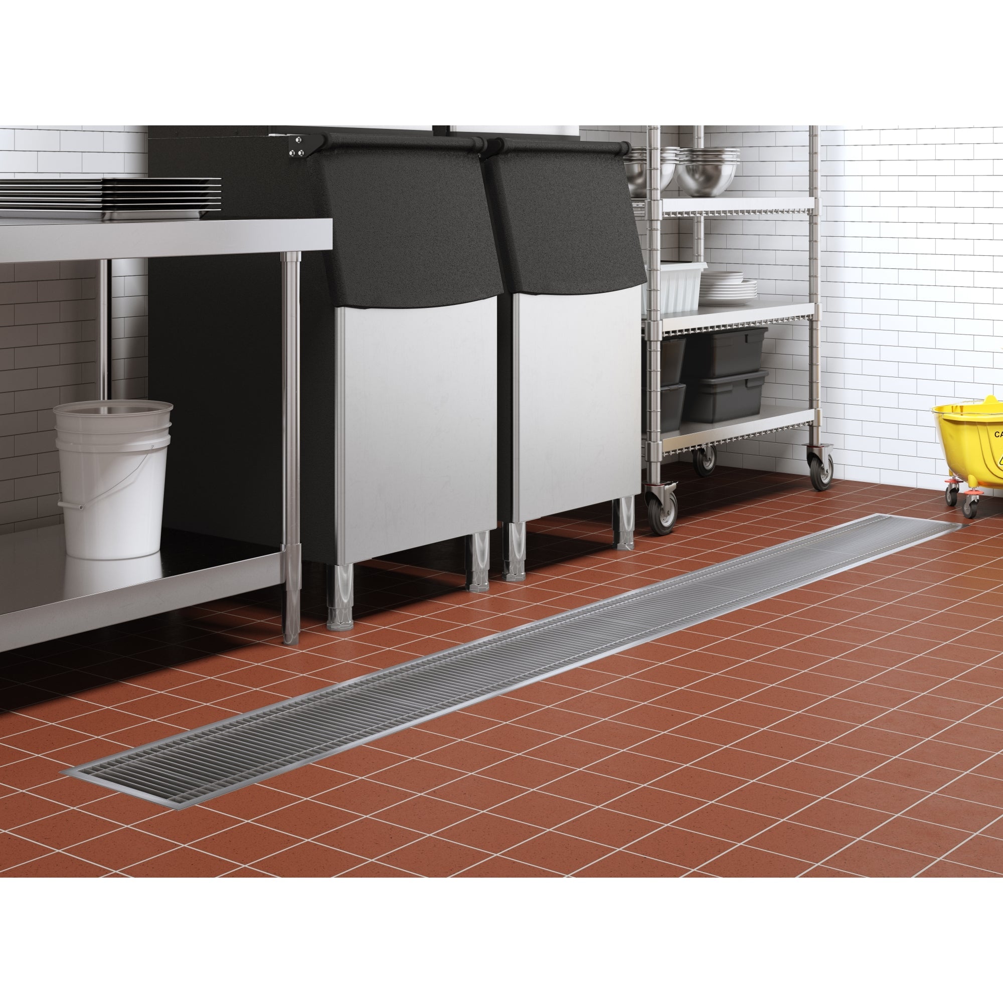 12" x 96" Stainless Steel Floor Trough Drain, 14-Gauge with Subway-Style Grating & Removable Drain Basket, NSF Listed