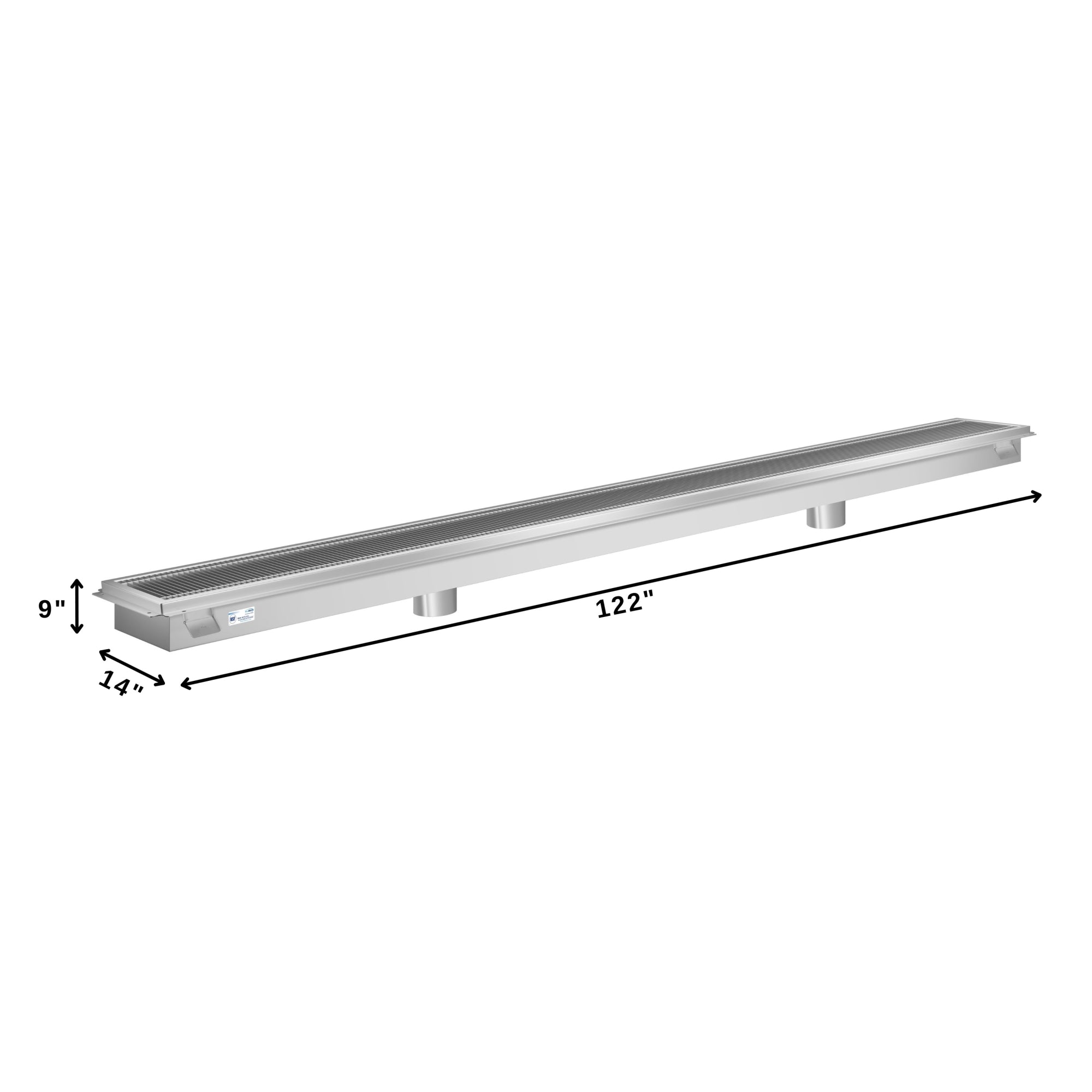 12" x 120" Stainless Steel Floor Trough Drain, 14-Gauge with Subway-Style Grating & Removable Drain Basket, NSF Listed