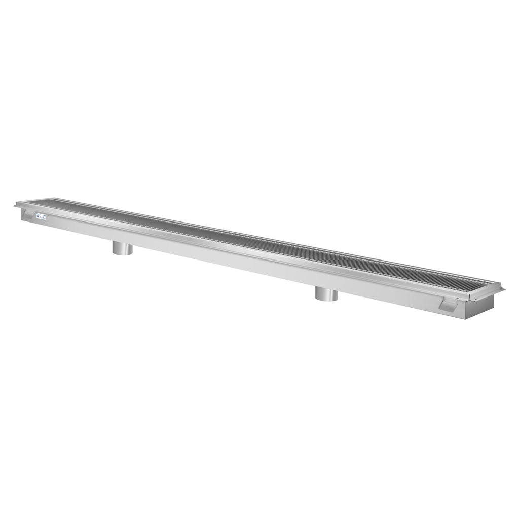 12" x 120" Stainless Steel Floor Trough Drain, 14-Gauge with Subway-Style Grating & Removable Drain Basket, NSF Listed