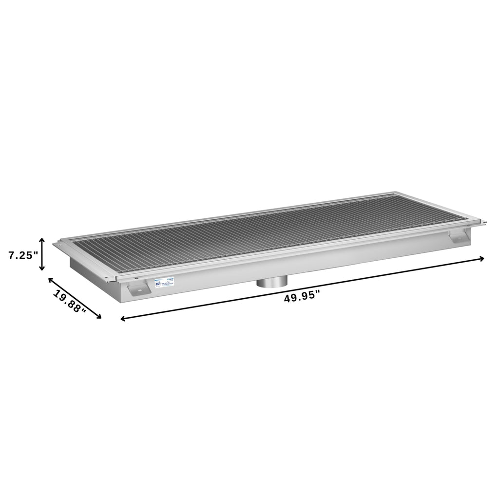 18" x 48" Stainless Steel Floor Trough Drain, 14-Gauge with Subway-Style Grating & Removable Drain Basket, NSF Listed