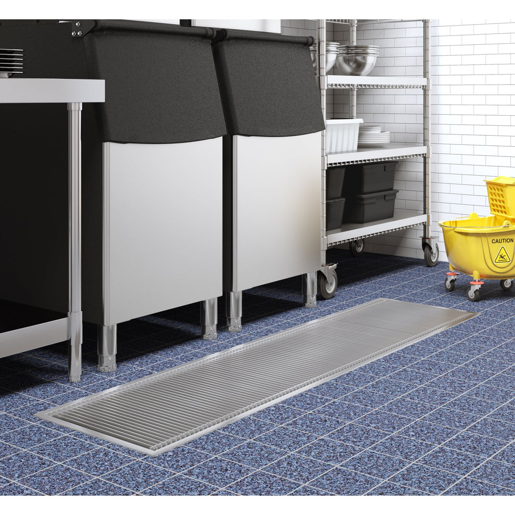 18" x 84" Stainless Steel Floor Trough Drain, 14-Gauge with Subway-Style Grating & Removable Drain Basket, NSF Listed