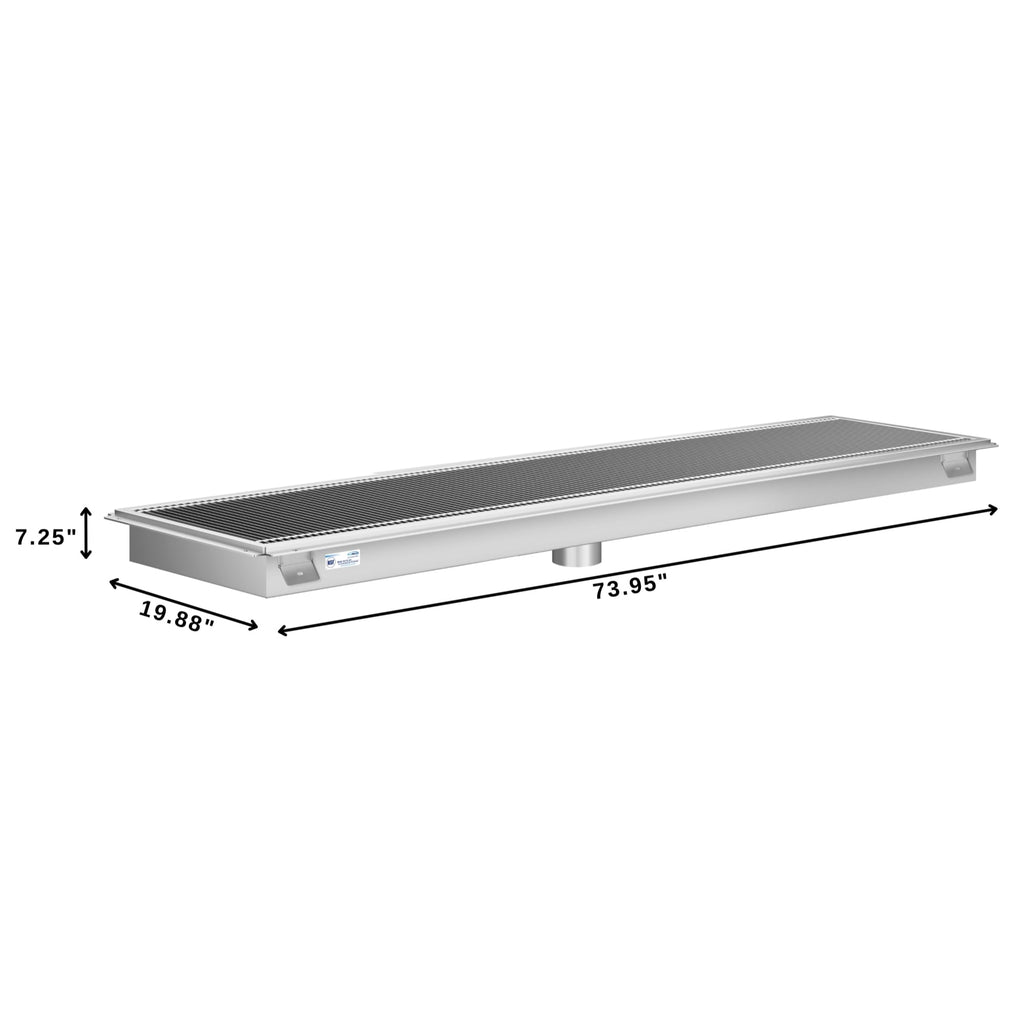 18" x 72" Stainless Steel Floor Trough Drain, 14-Gauge with Subway-Style Grating & Removable Drain Basket, NSF Listed