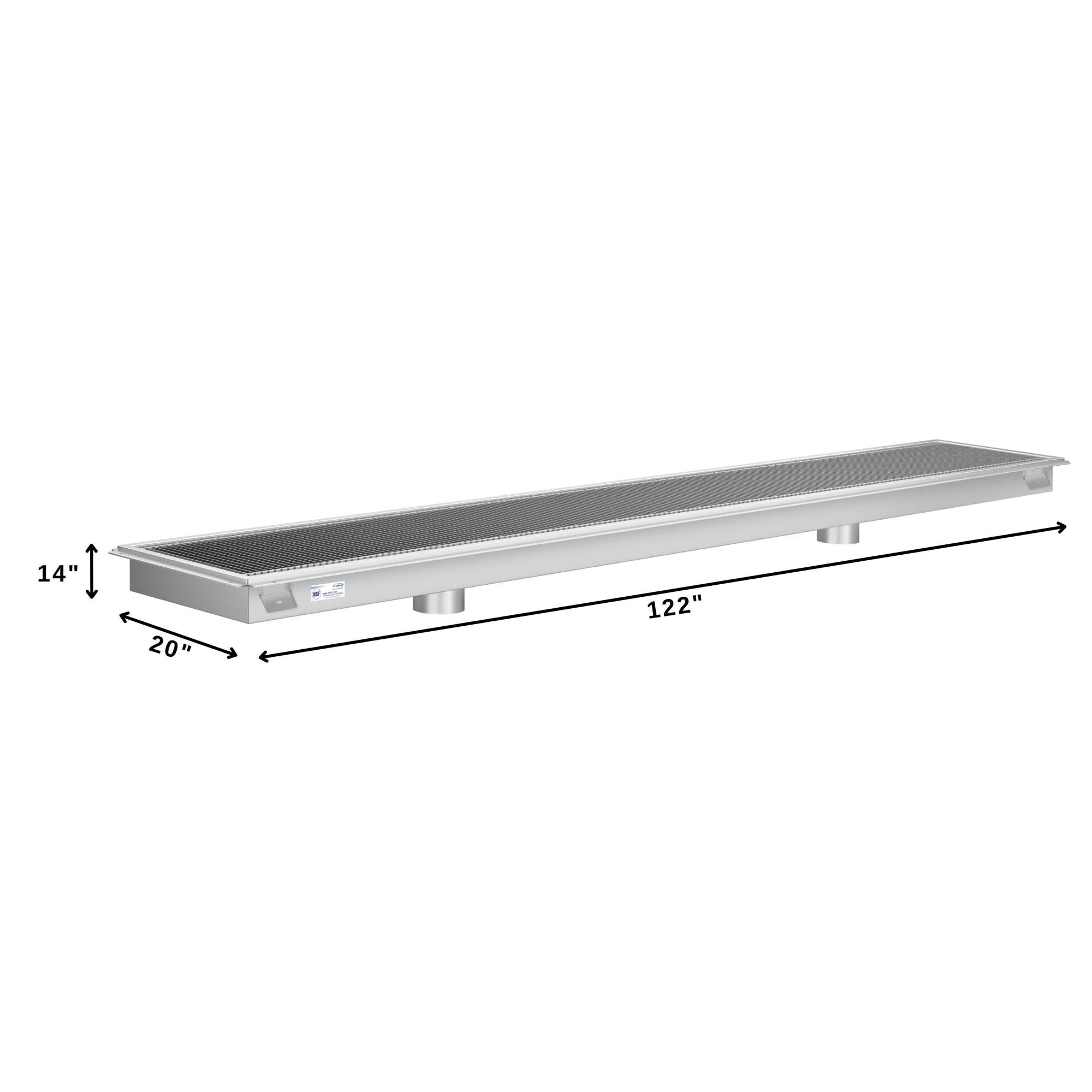 18" x 120" Stainless Steel Floor Trough Drain, 14-Gauge with Subway-Style Grating & Removable Drain Basket, NSF Listed