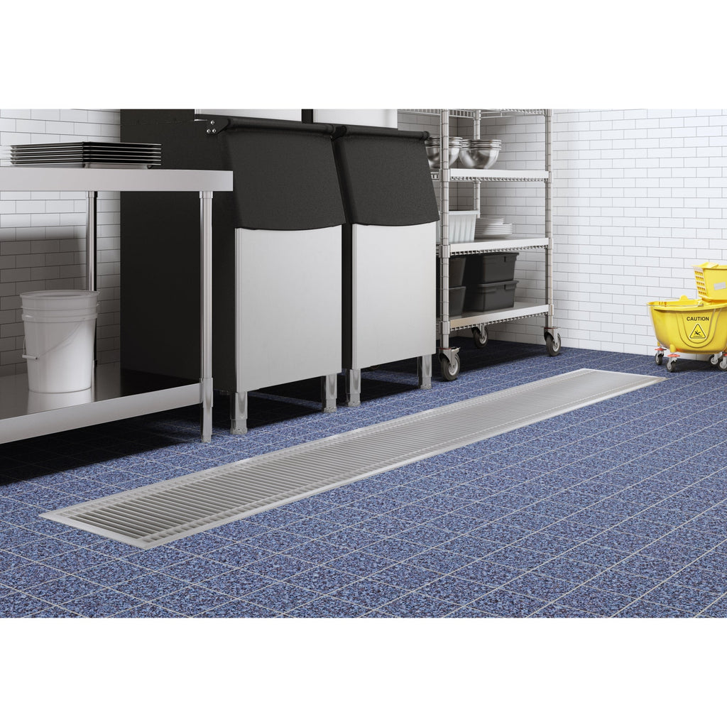 18" x 120" Stainless Steel Floor Trough Drain, 14-Gauge with Subway-Style Grating & Removable Drain Basket, NSF Listed