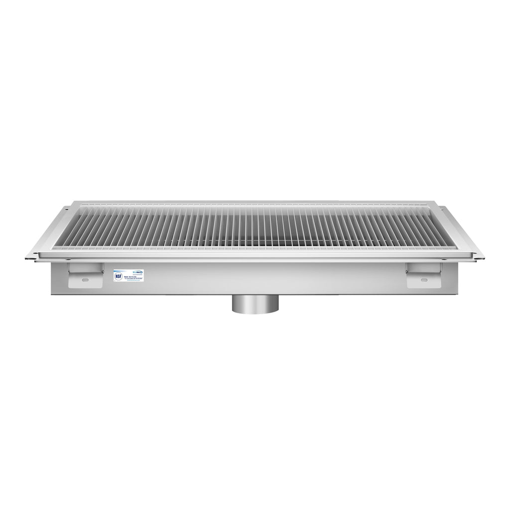 24" x 36" Stainless Steel Floor Trough Drain, 14-Gauge with Subway-Style Grating & Removable Drain Basket, NSF Listed