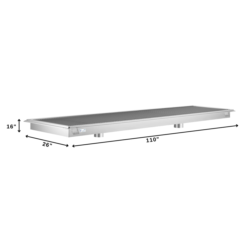 24" x 108" Stainless Steel Floor Trough Drain, 14-Gauge with Subway-Style Grating & Removable Drain Basket, NSF Listed