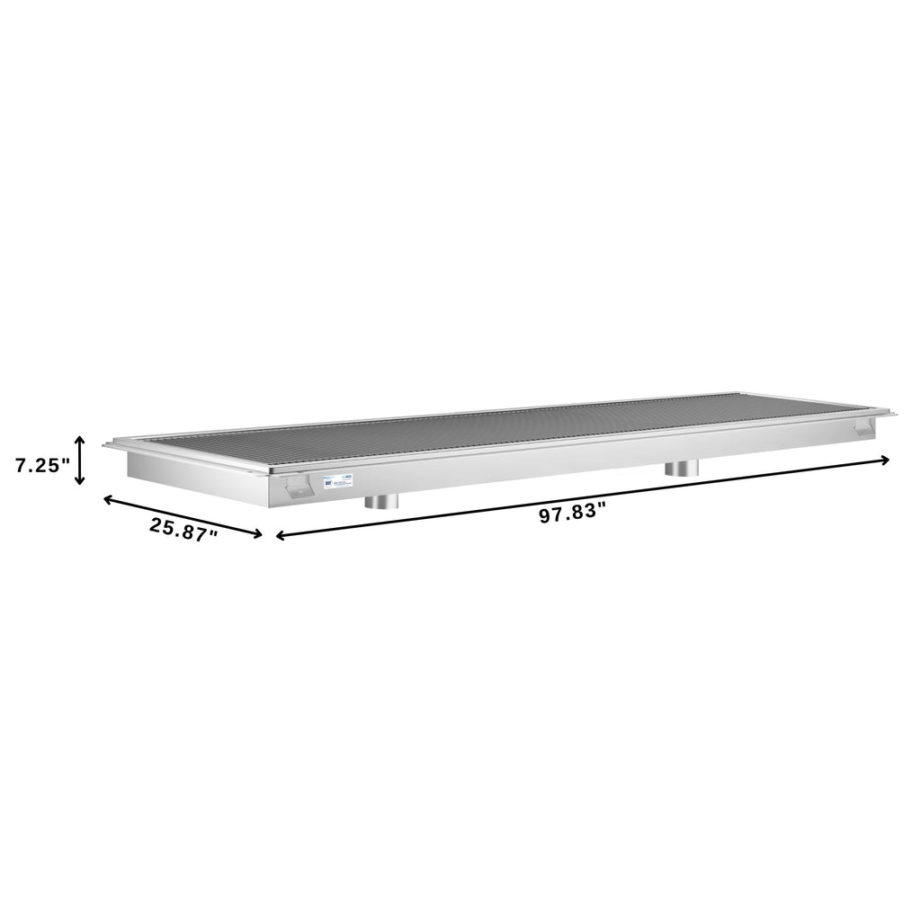 24" x 96" Stainless Steel Floor Trough Drain, 14-Gauge with Subway-Style Grating & Removable Drain Basket, NSF Listed