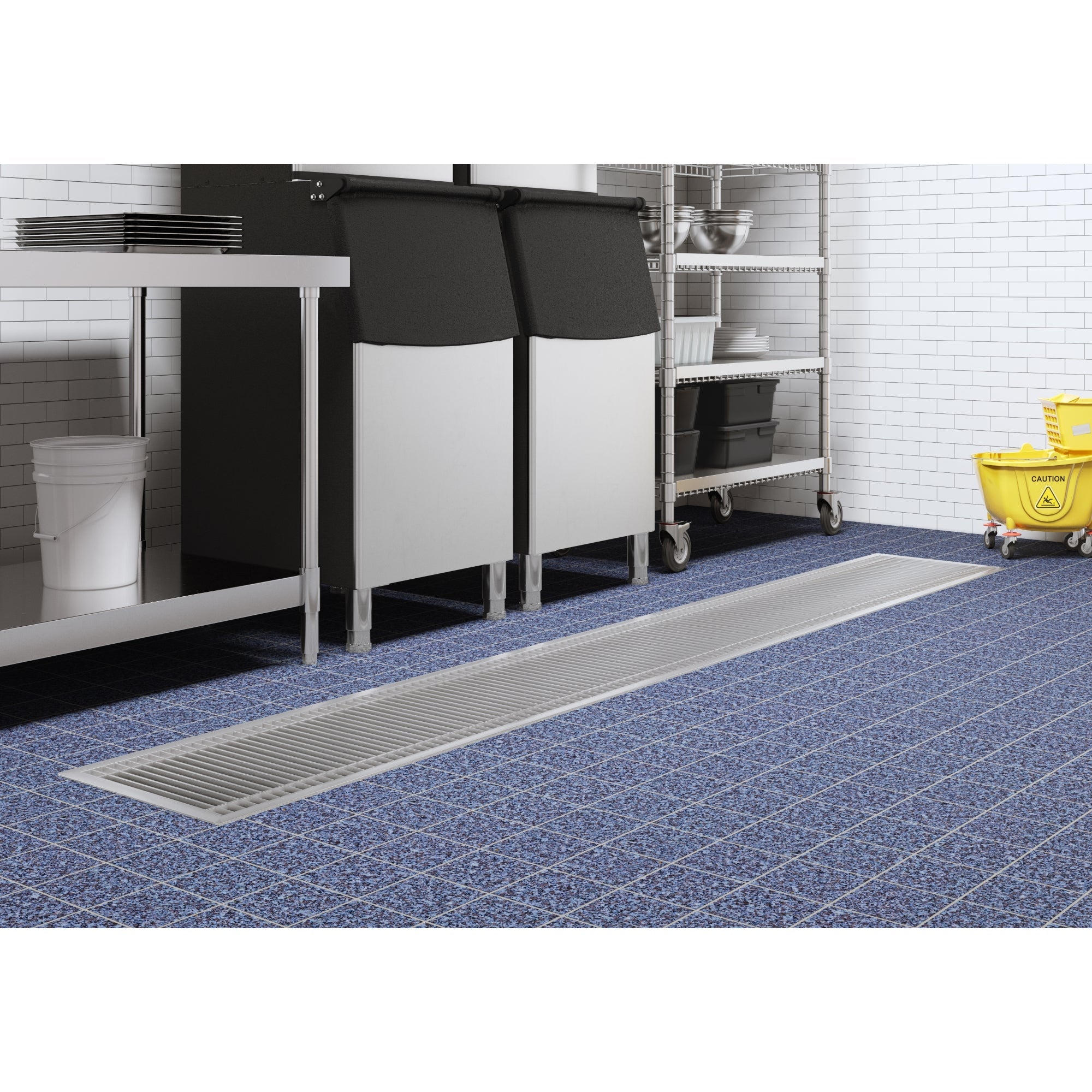 18" x 108" Stainless Steel Floor Trough Drain, 14-Gauge with Subway-Style Grating & Removable Drain Basket, NSF Listed