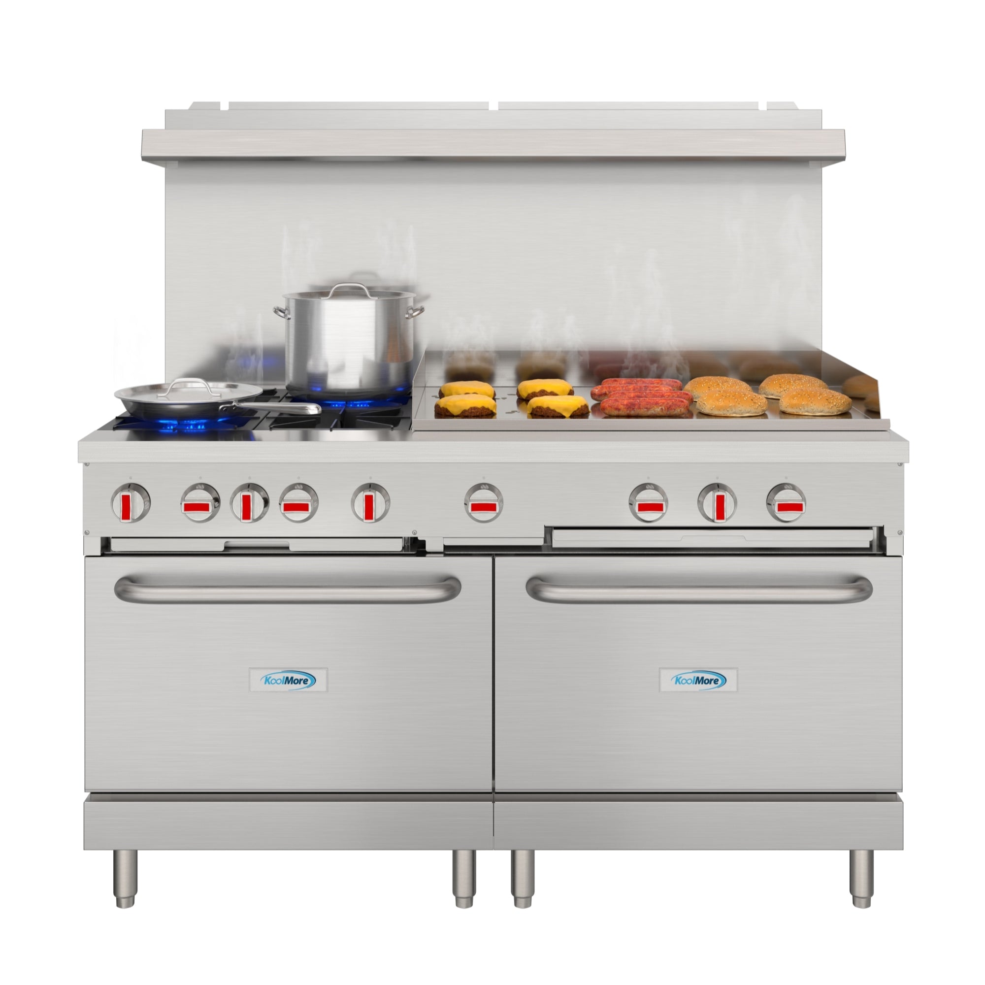 60 in. Commercial Natural Gas Range – 4 Burners, 36 in. Griddle, 2 Standard Ovens in Stainless-Steel