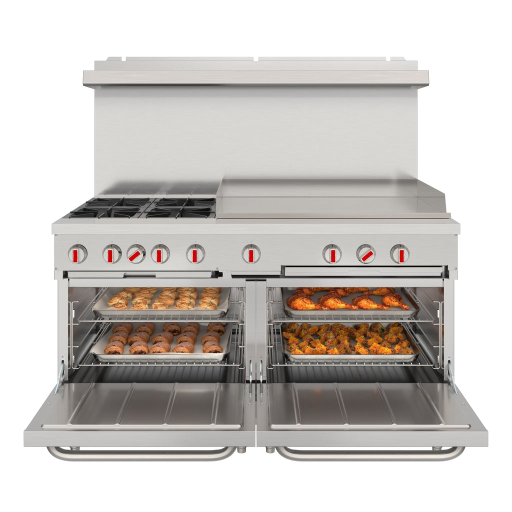 60 in. Commercial Natural Gas Range – 4 Burners, 36 in. Griddle, 2 Standard Ovens in Stainless-Steel