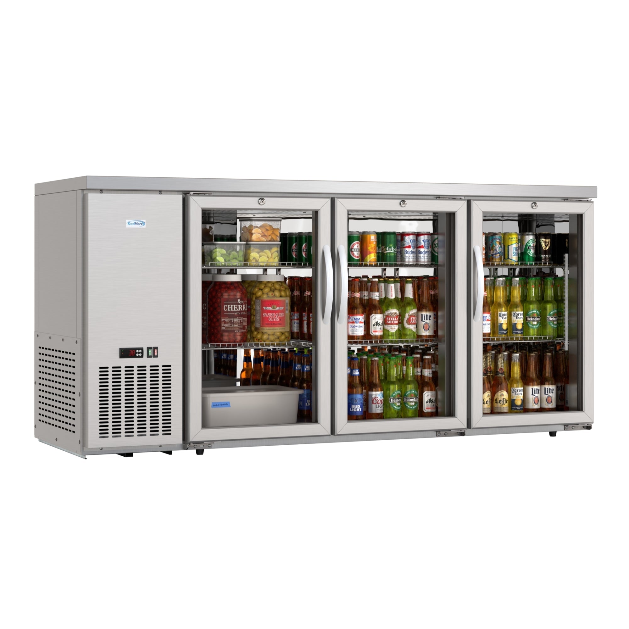 72 in. Commercial Three Glass Door Back Bar Cooler Refrigerator with Side Condenser and Compressor, LED Lighting, 18 Cu. Ft Capacity in Stainless-Steel