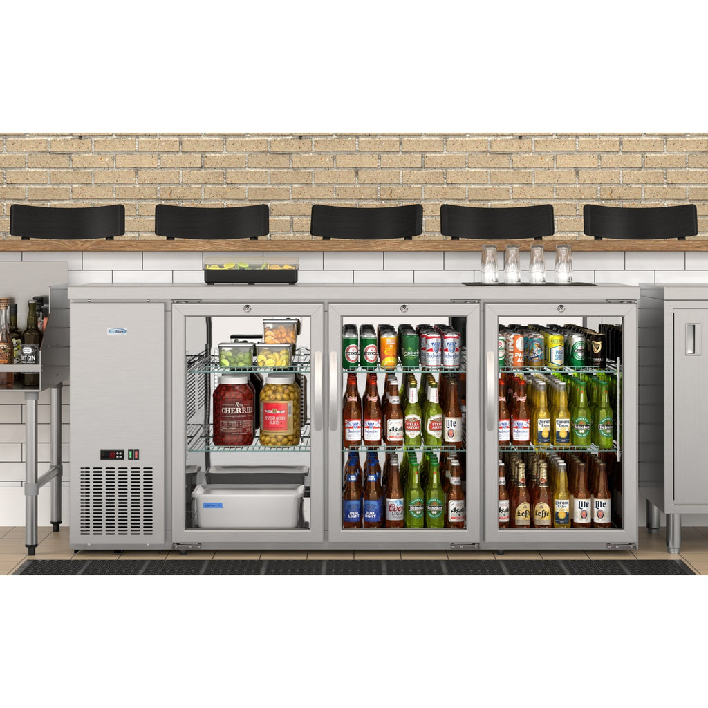 72 in. Commercial Three Glass Door Back Bar Cooler Refrigerator with Side Condenser and Compressor, LED Lighting, 18 Cu. Ft Capacity in Stainless-Steel